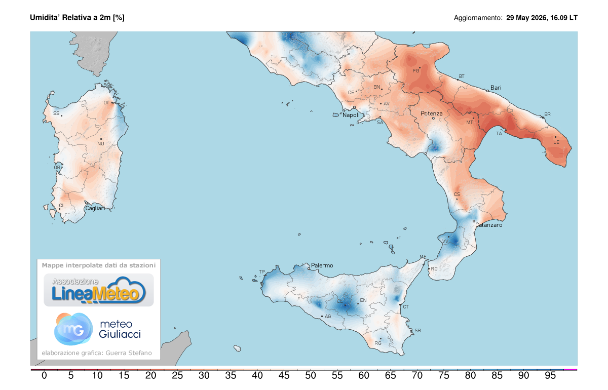 Valori di umidità relativa attuale sulle regioni del sud