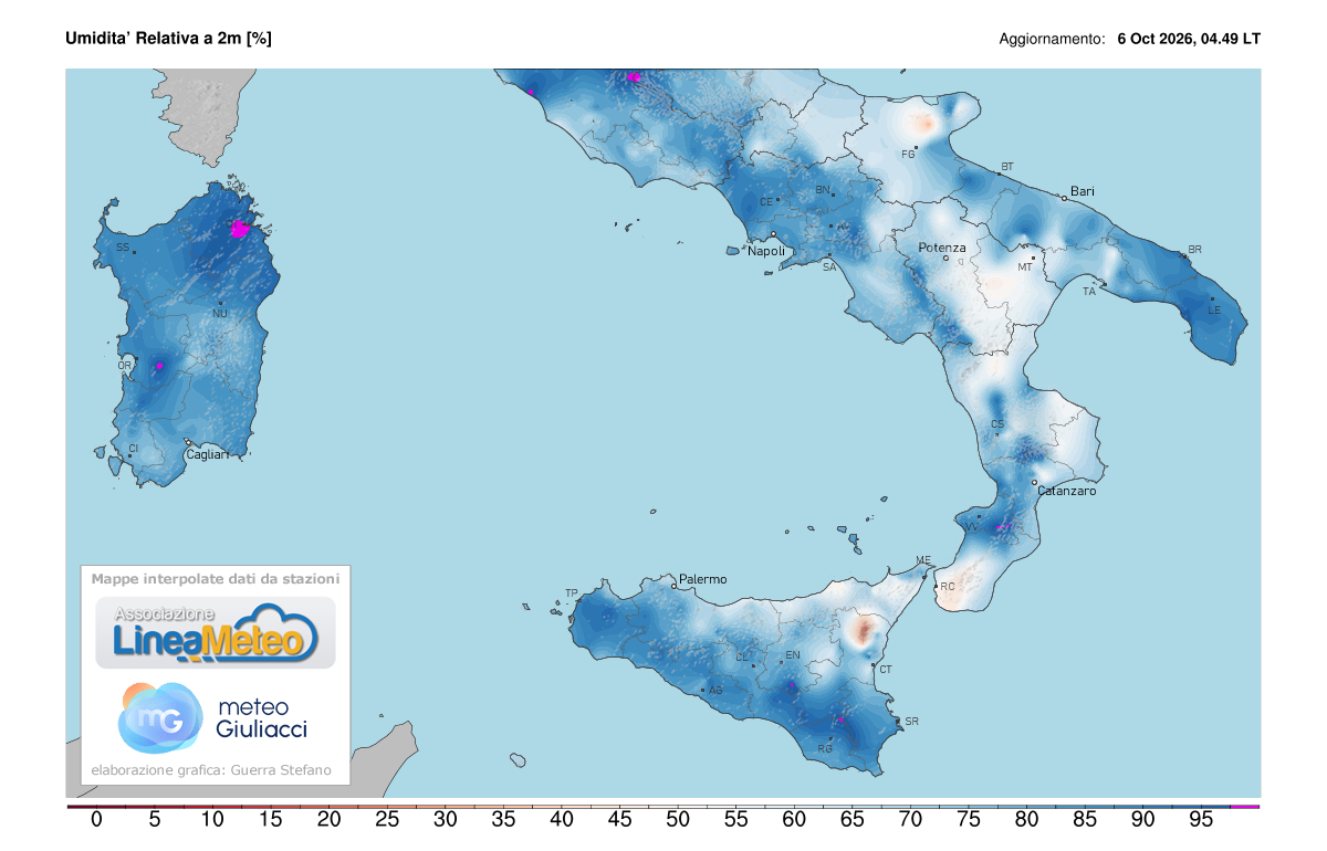 Valori di umidità relativa attuale sulle regioni del sud