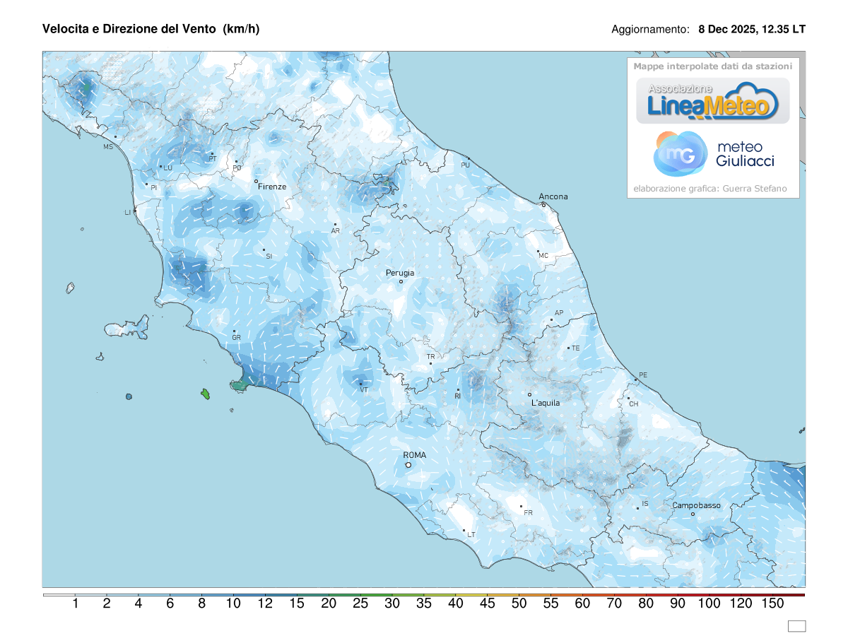 Intensità del vento attuale sulle regioni del centro