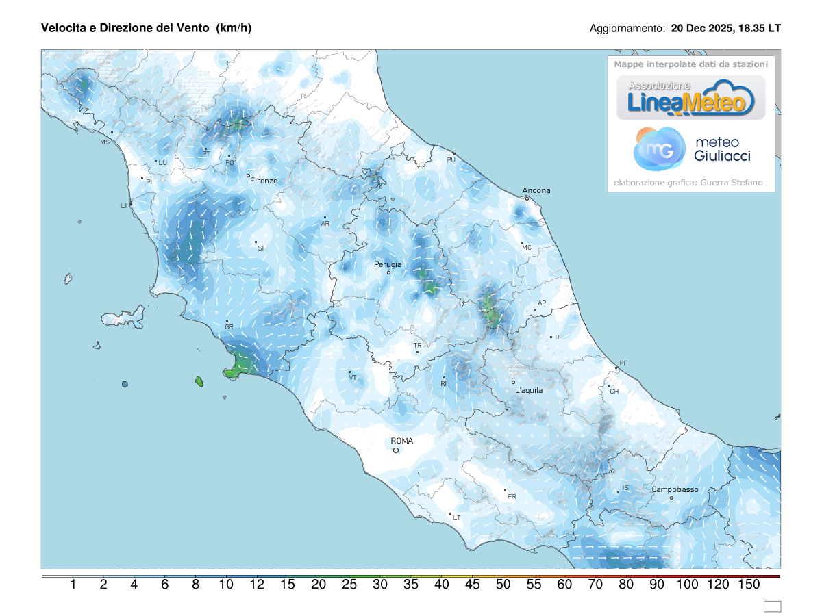 Intensità del vento attuale sulle regioni del centro