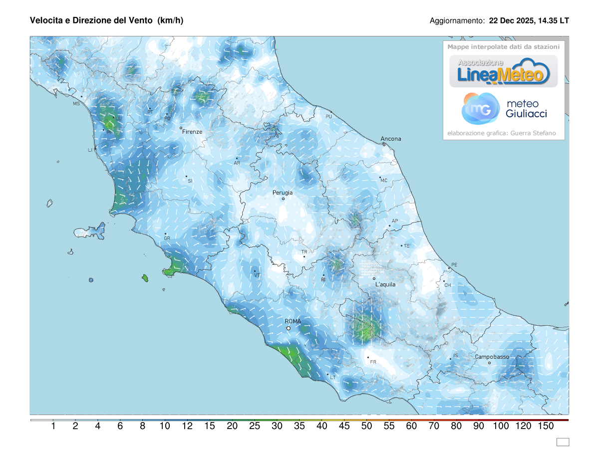Intensità del vento attuale sulle regioni del centro