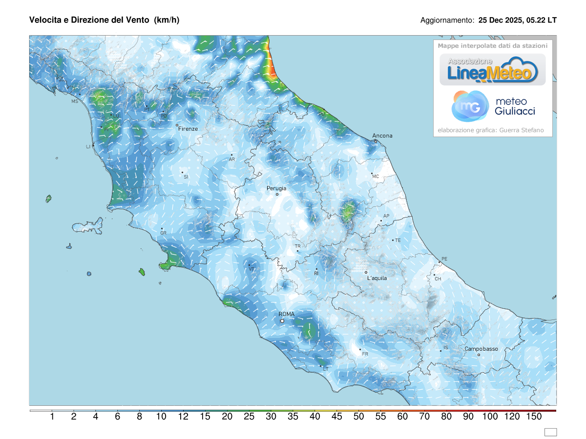 Intensità del vento attuale sulle regioni del centro
