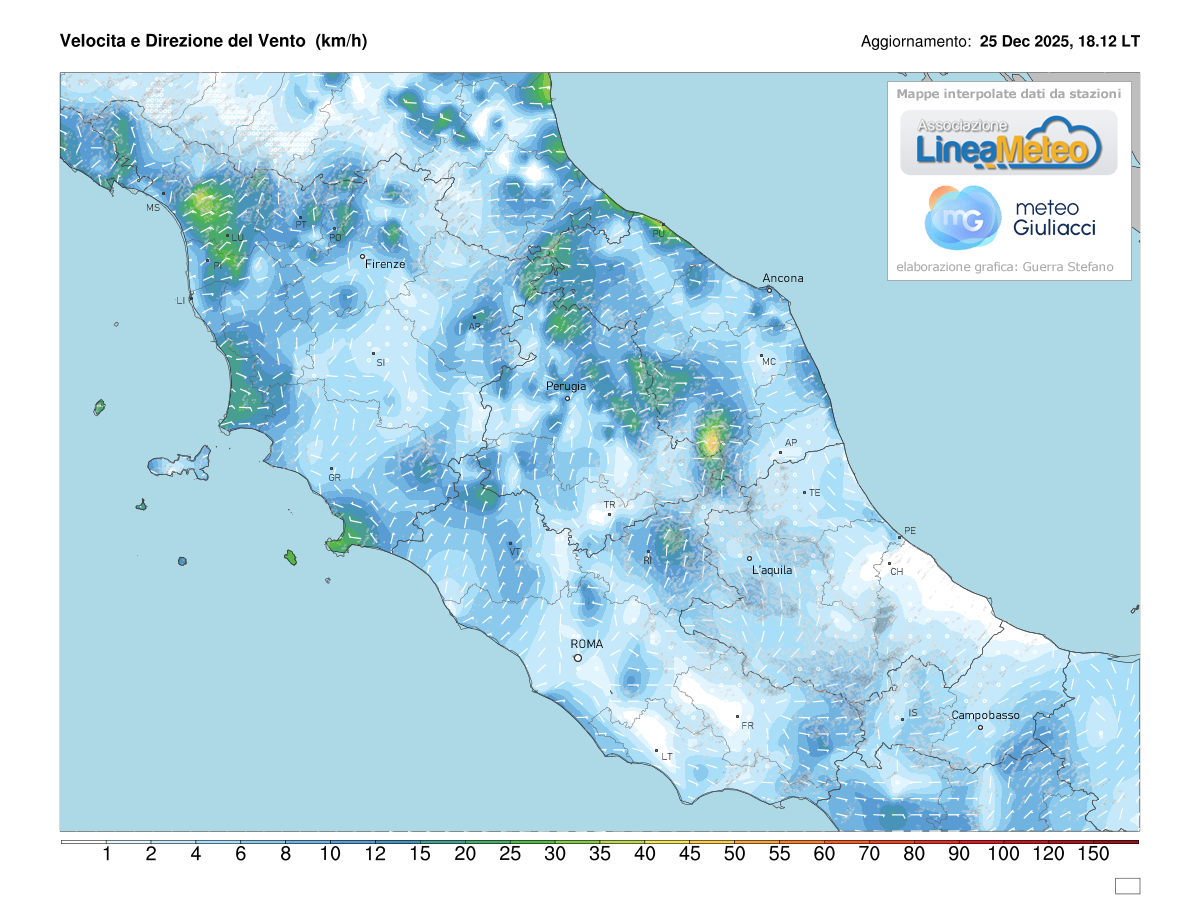 Intensità del vento attuale sulle regioni del centro