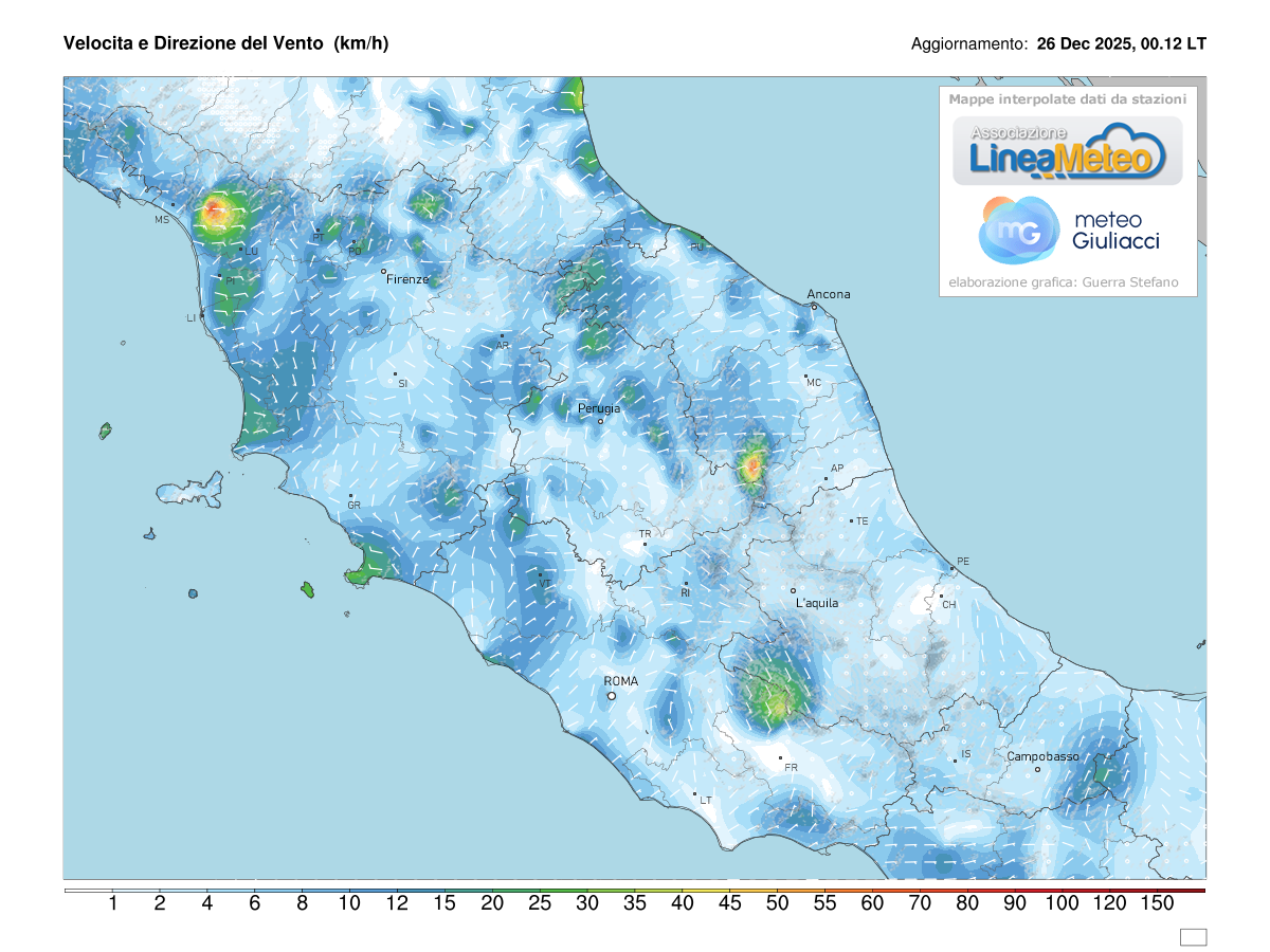 Intensità del vento attuale sulle regioni del centro