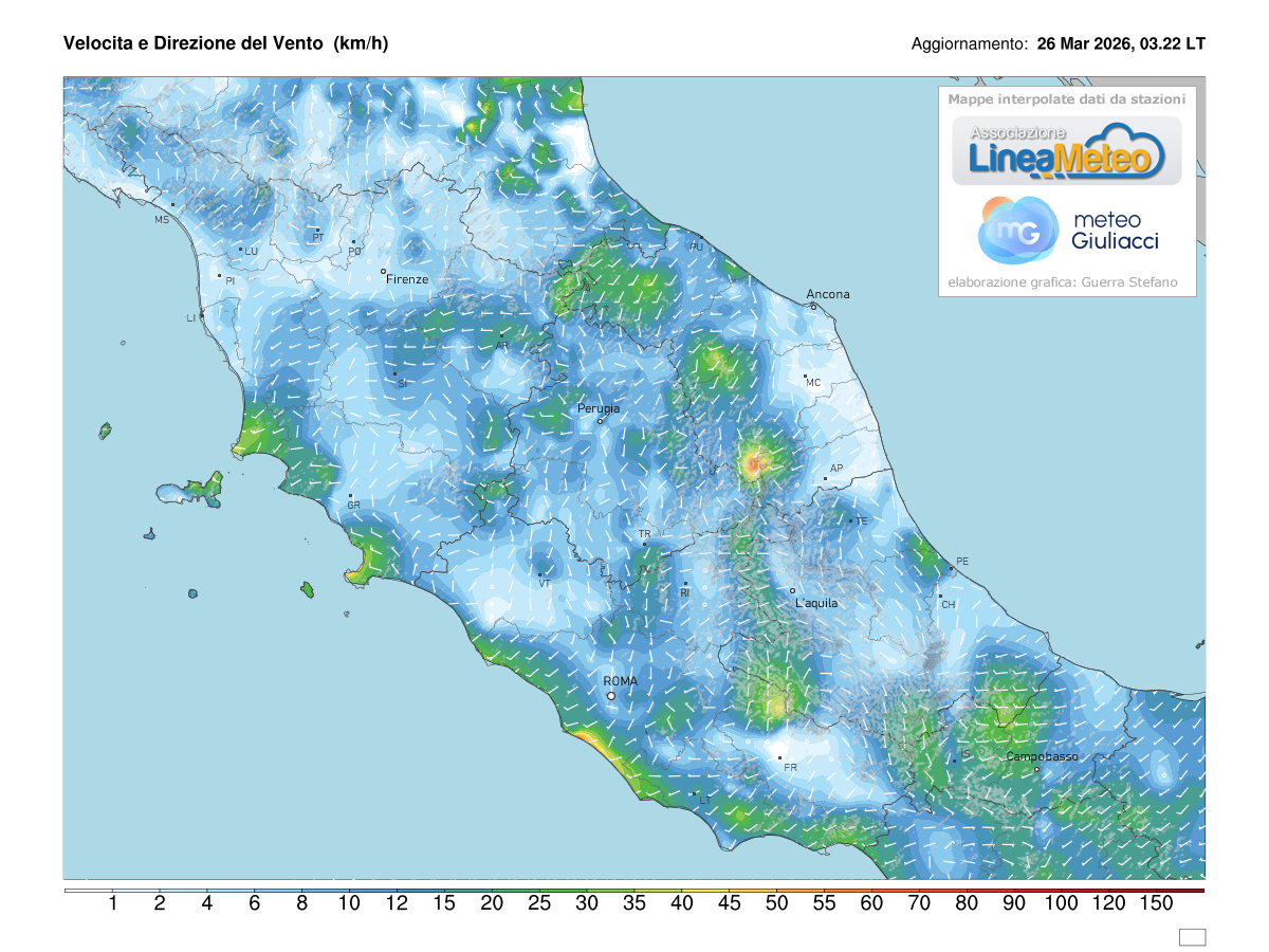 Intensità del vento attuale sulle regioni del centro