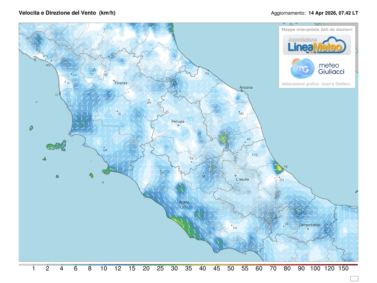 Intensità del vento attuale sulle regioni del centro