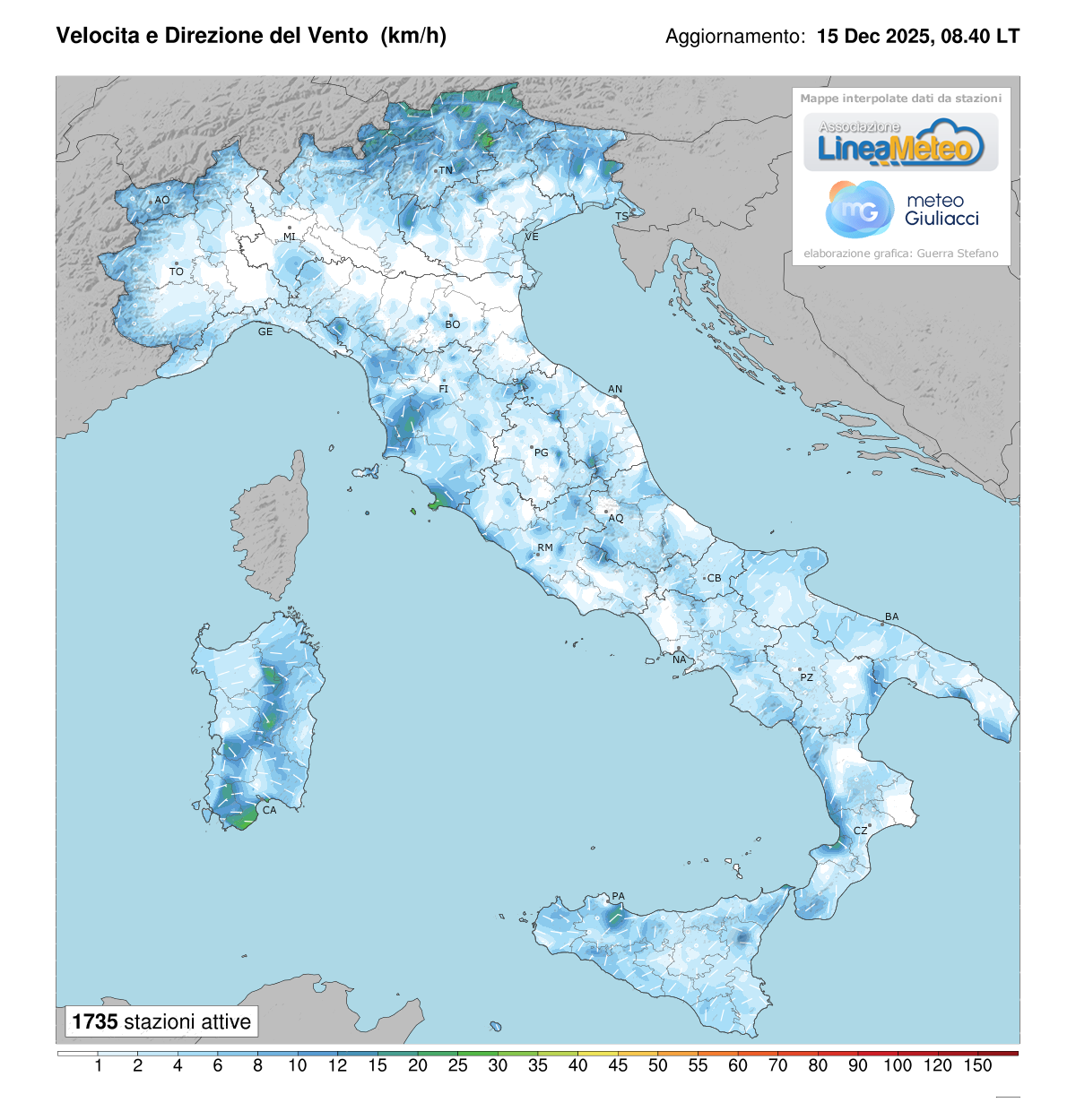 Intensità del vento attuale in Italia