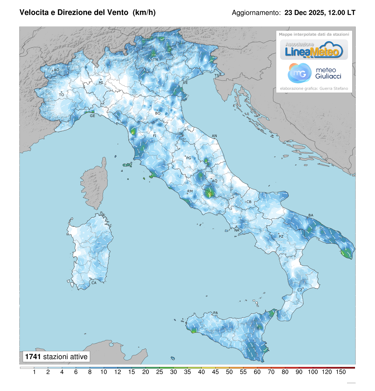 Intensità del vento attuale in Italia