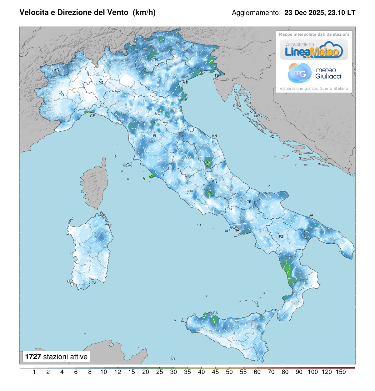 Intensità del vento attuale in Italia