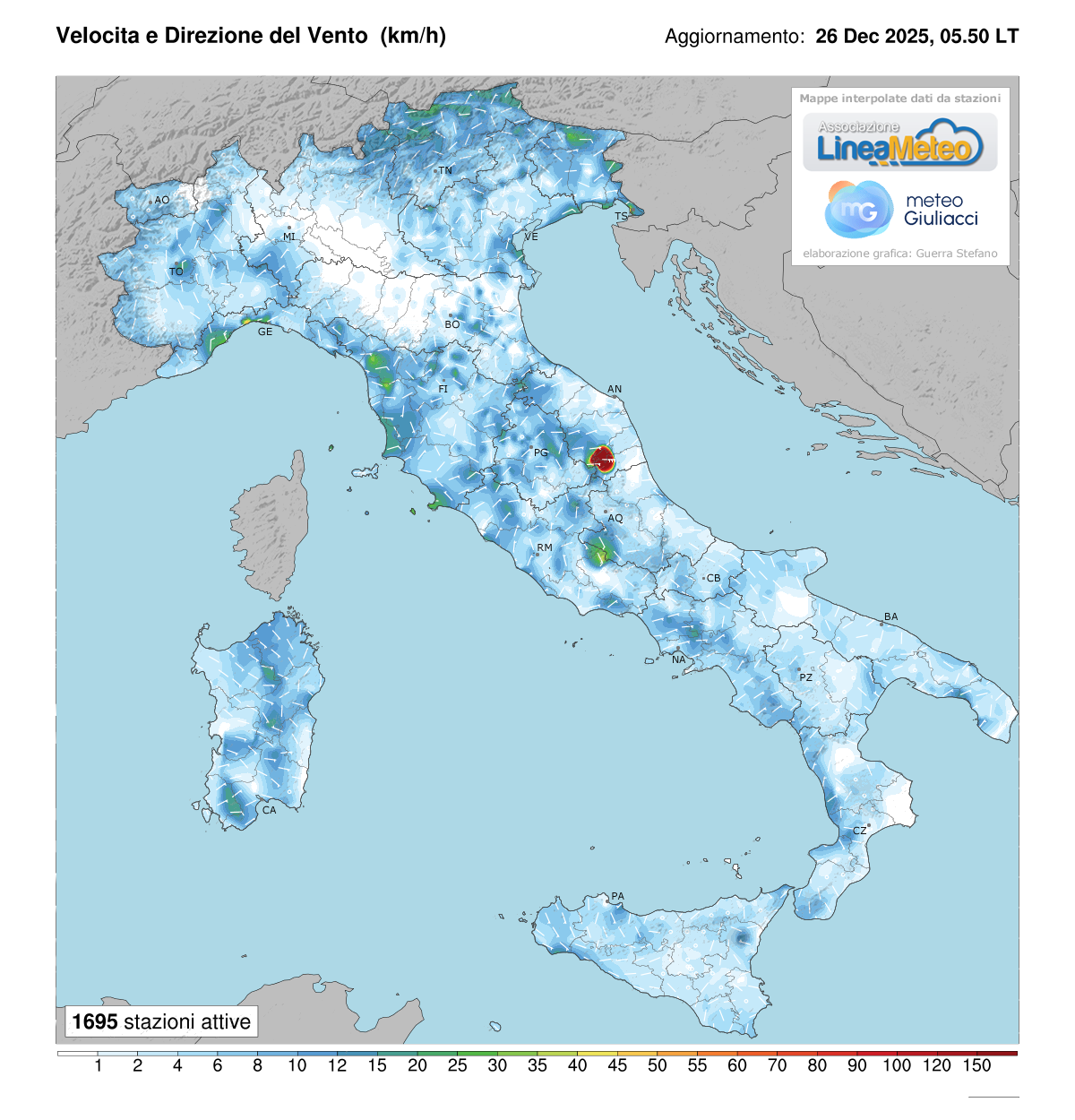 Intensità del vento attuale in Italia