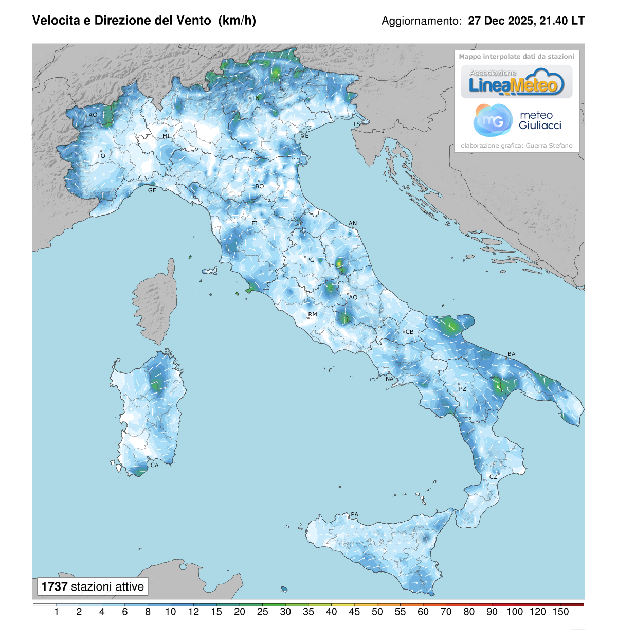 Intensità del vento attuale in Italia