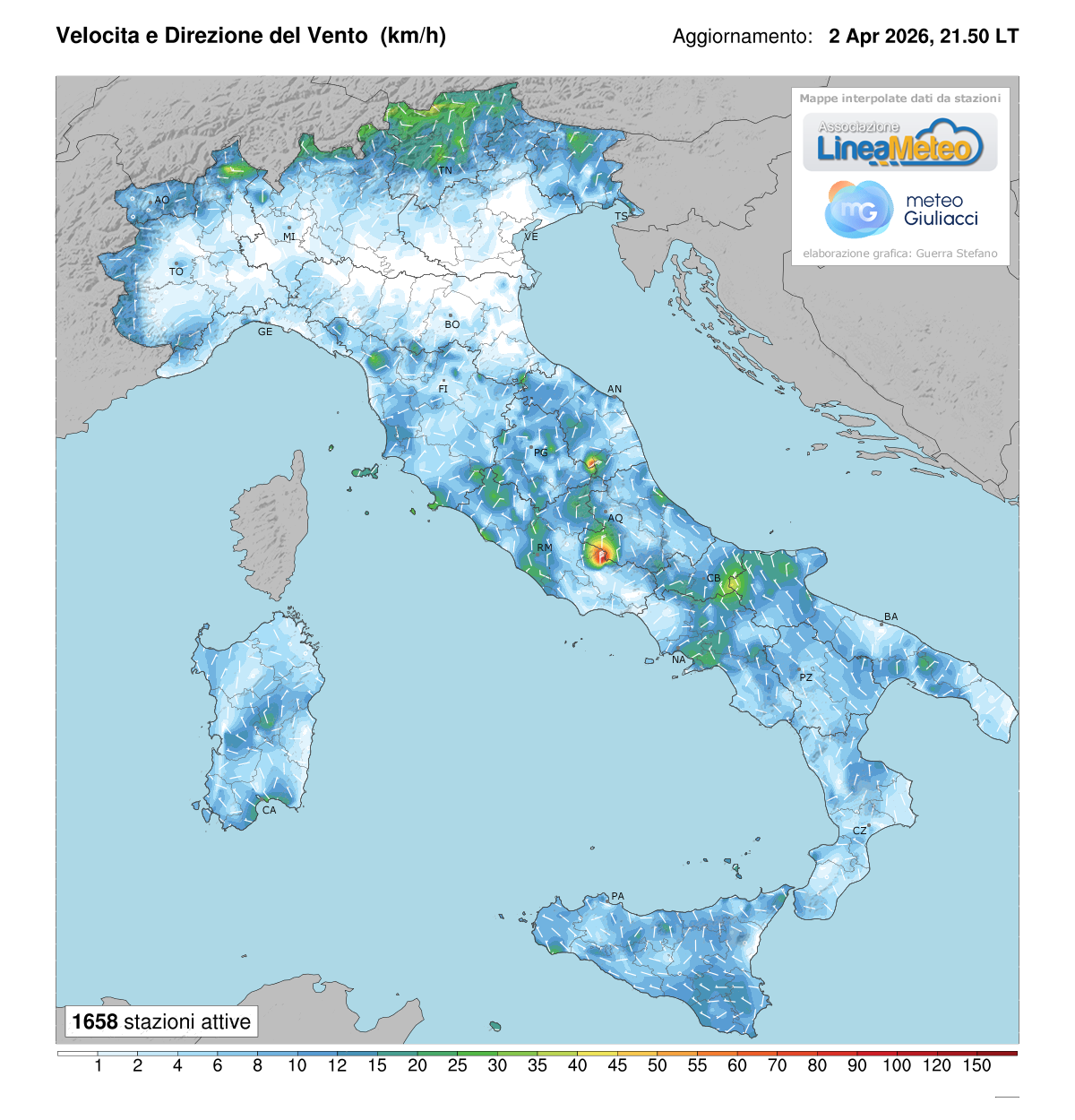 Intensità del vento attuale in Italia