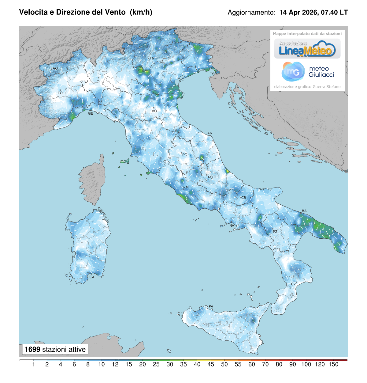 Intensità del vento attuale in Italia