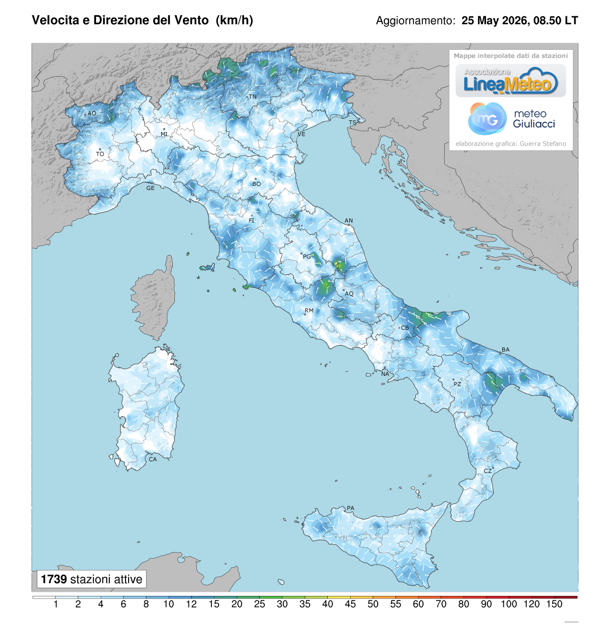 Intensità del vento attuale in Italia