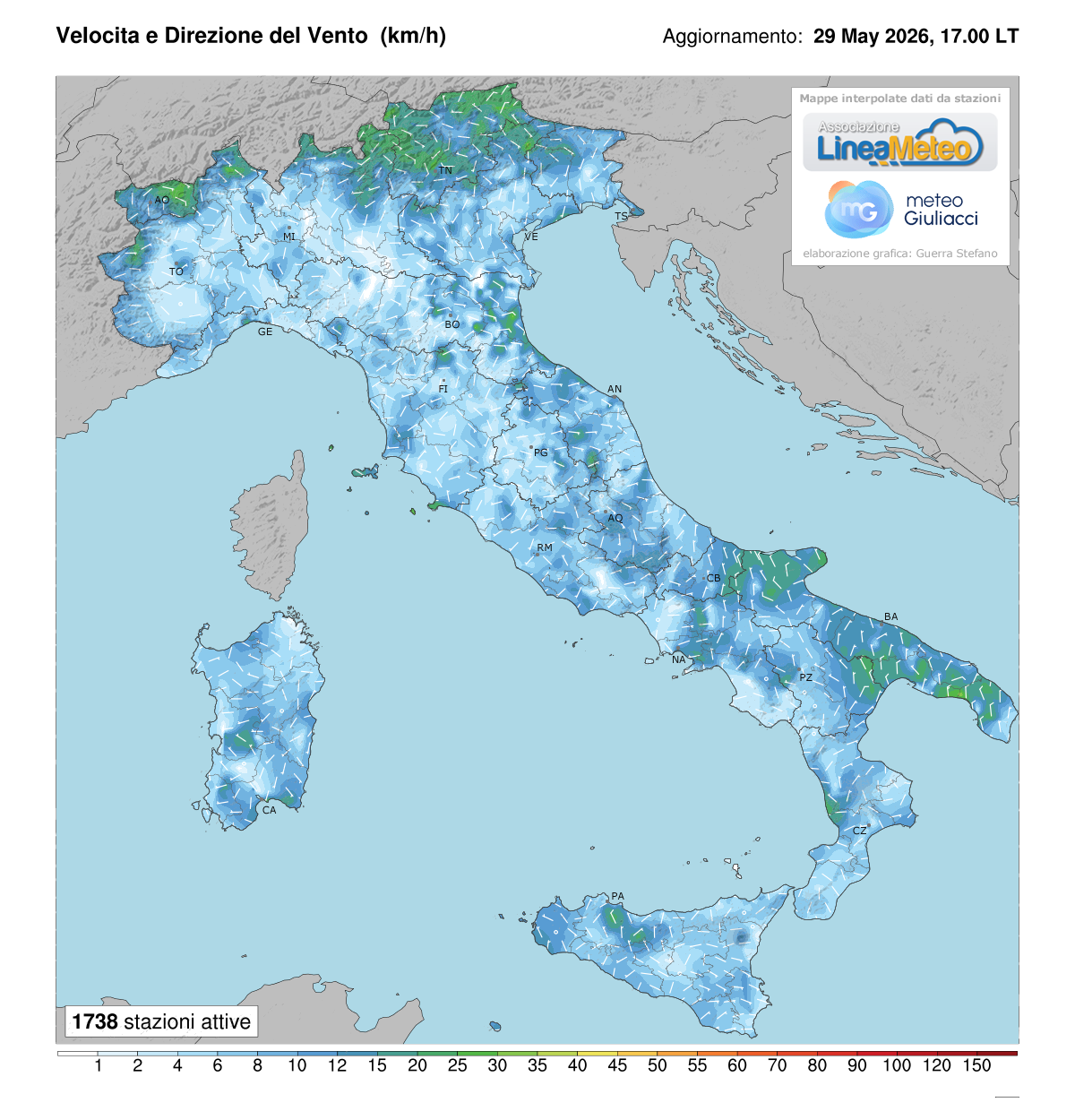 Intensità del vento attuale in Italia