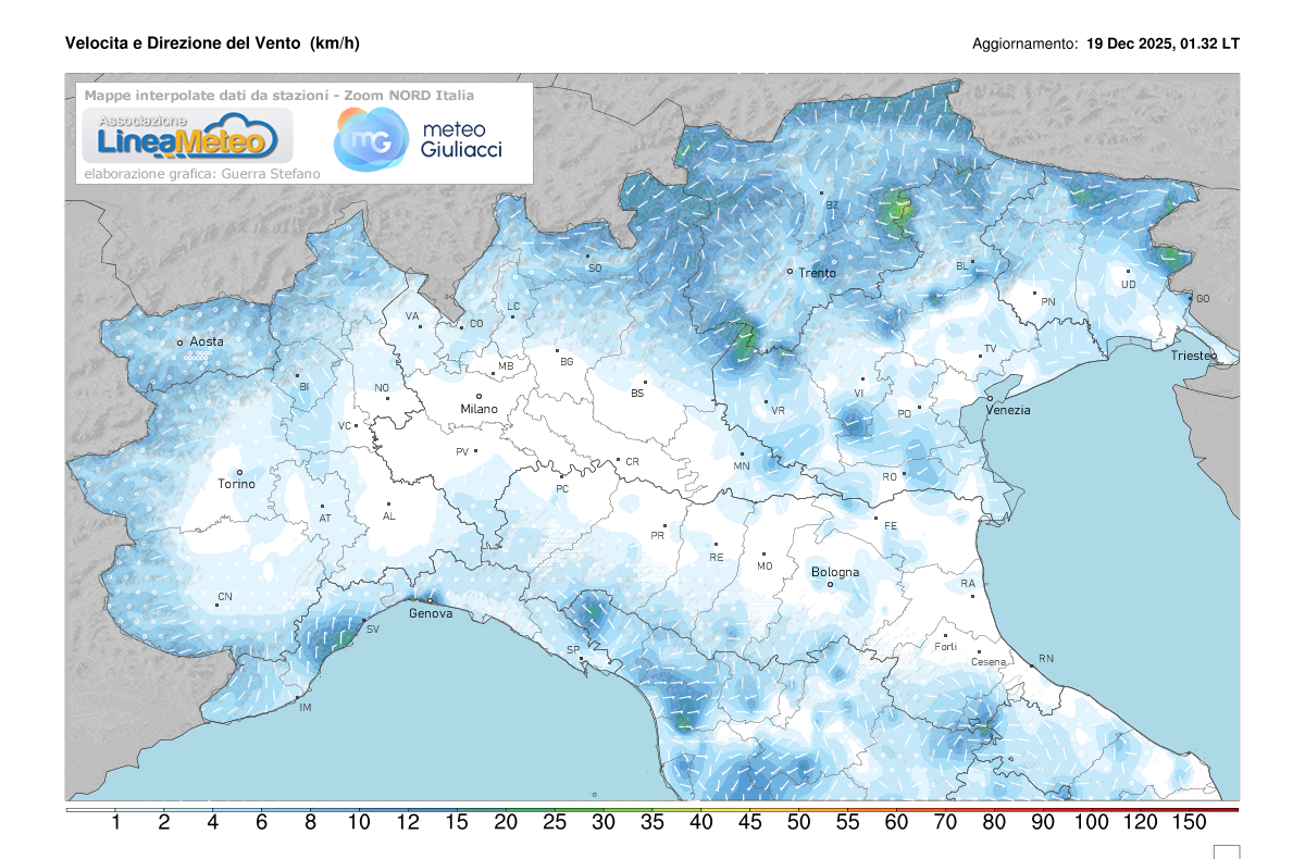 Intensità del vento attuale sulle regioni del nord