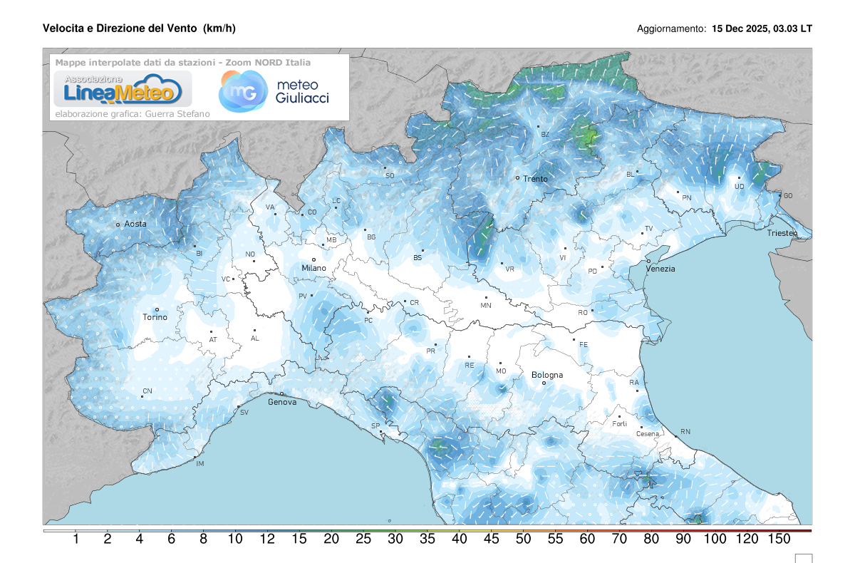 Intensità del vento attuale sulle regioni del nord