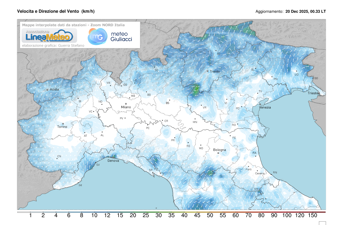 Intensità del vento attuale sulle regioni del nord