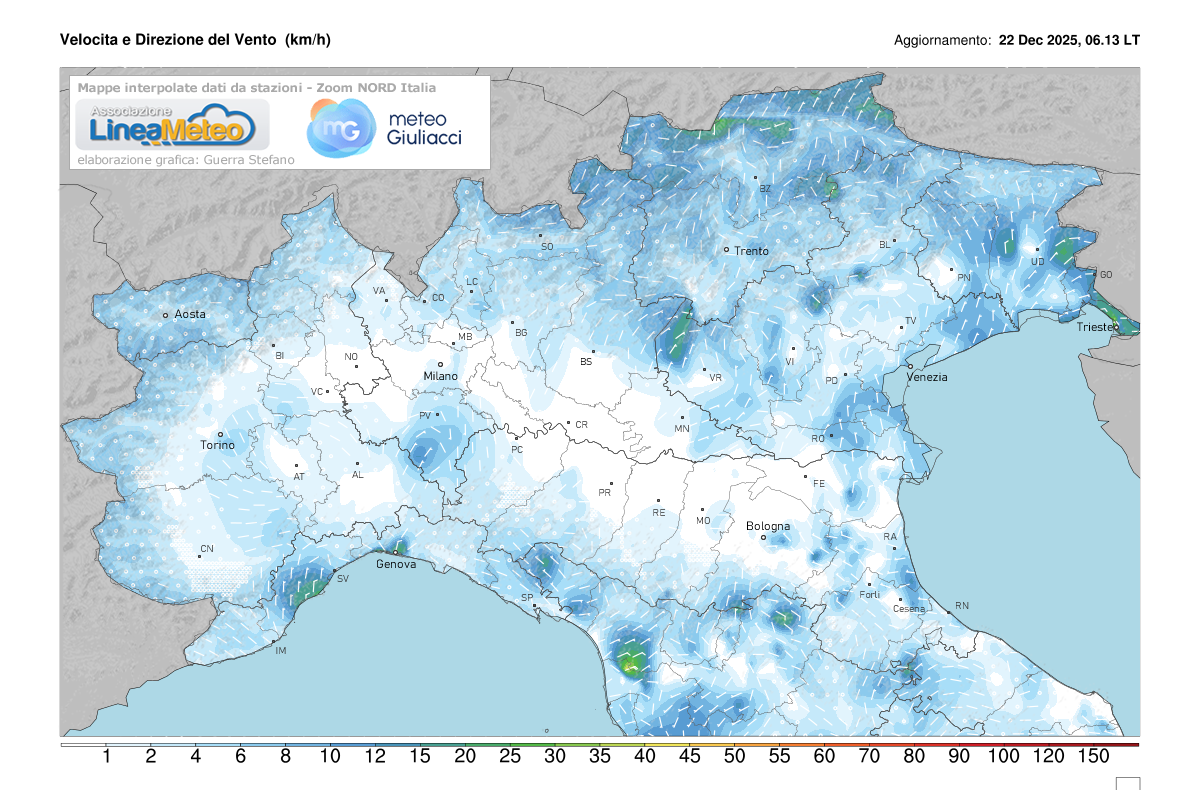 Intensità del vento attuale sulle regioni del nord