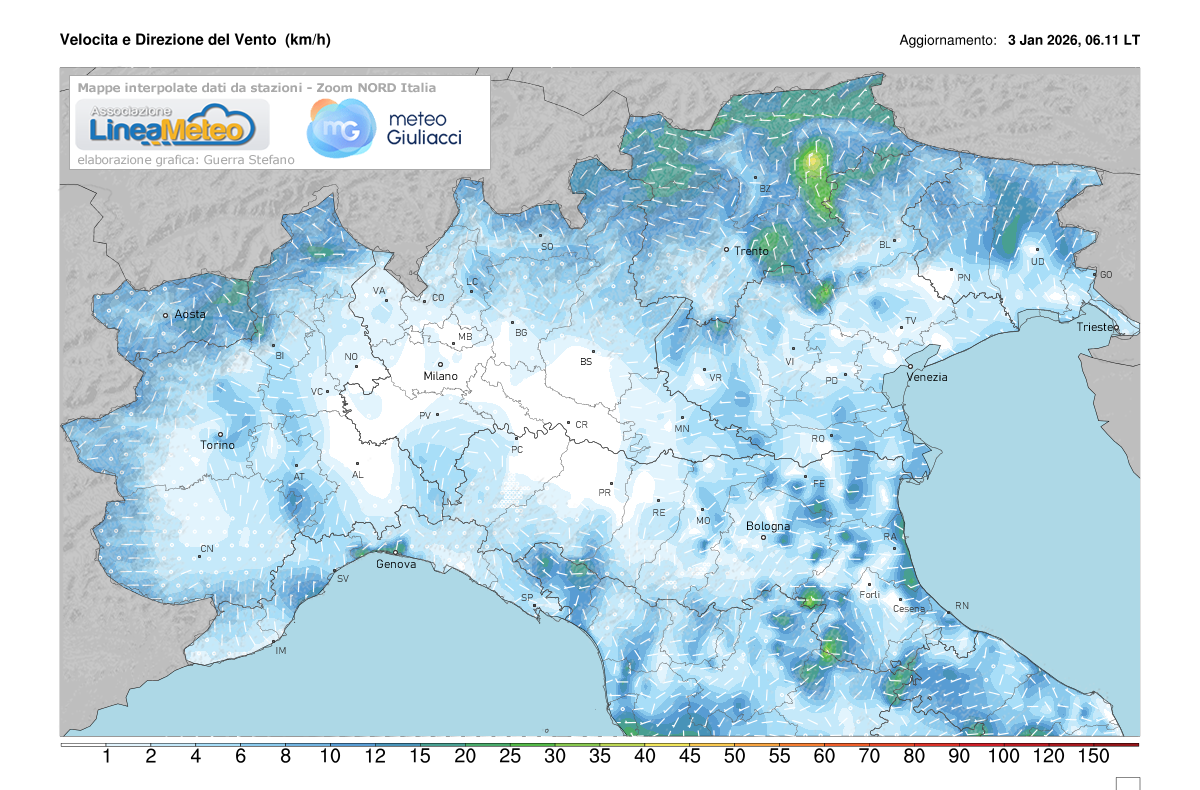 Intensità del vento attuale sulle regioni del nord
