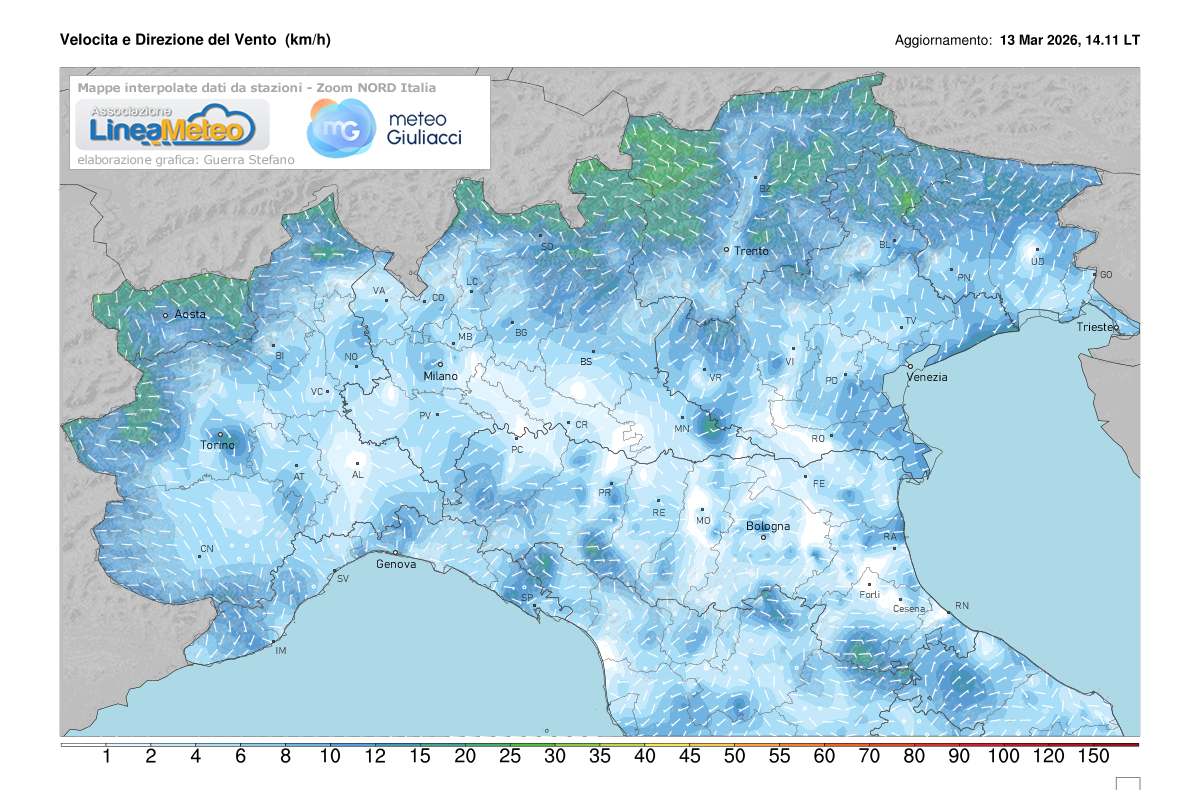 Intensità del vento attuale sulle regioni del nord