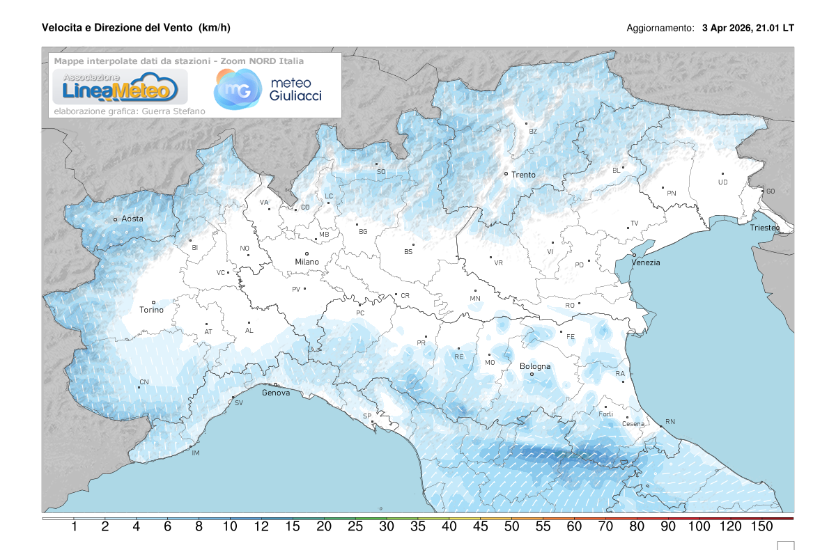 Intensità del vento attuale sulle regioni del nord