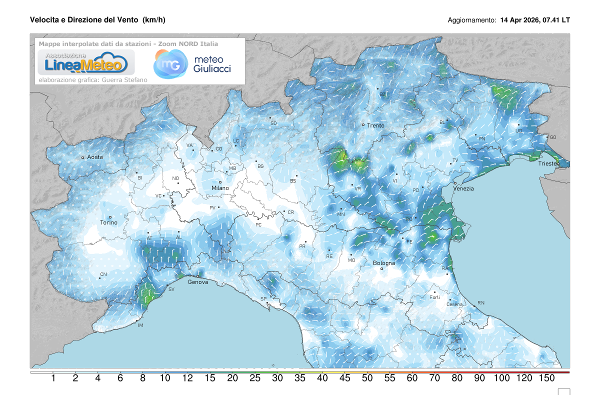 Intensità del vento attuale sulle regioni del nord