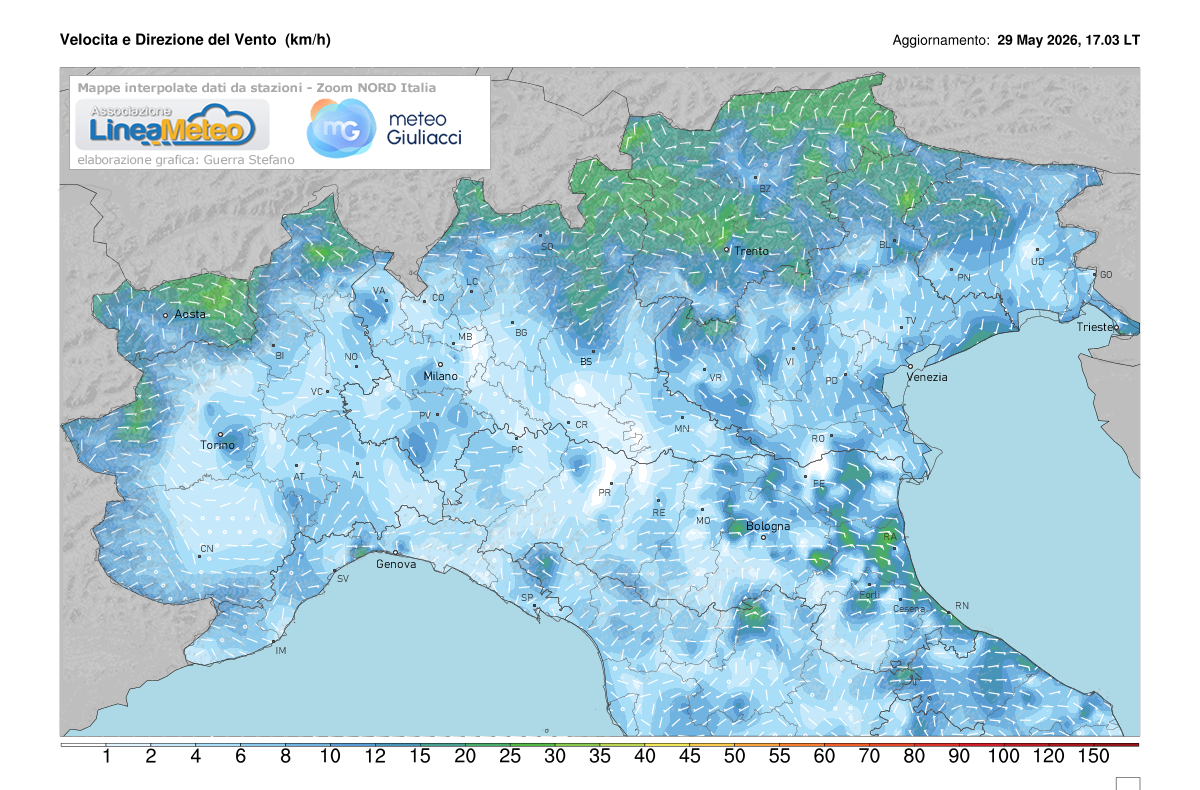 Intensità del vento attuale sulle regioni del nord
