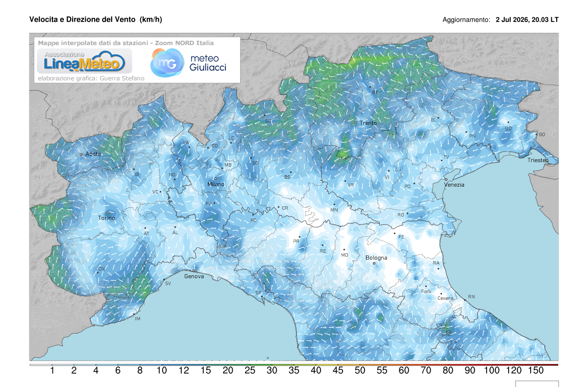 Intensità del vento attuale sulle regioni del nord