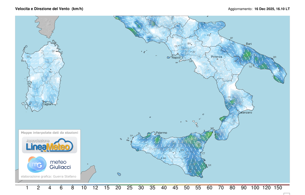 Intensità del vento attuale sulle regioni del sud