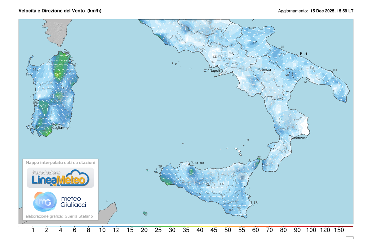 Intensità del vento attuale sulle regioni del sud