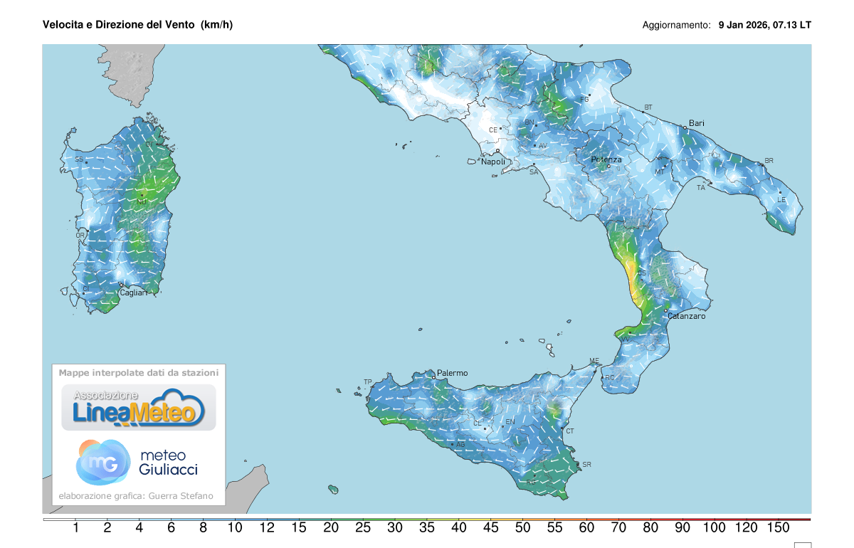 Intensità del vento attuale sulle regioni del sud