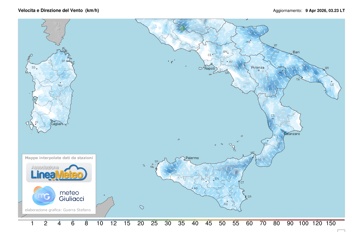 Intensità del vento attuale sulle regioni del sud