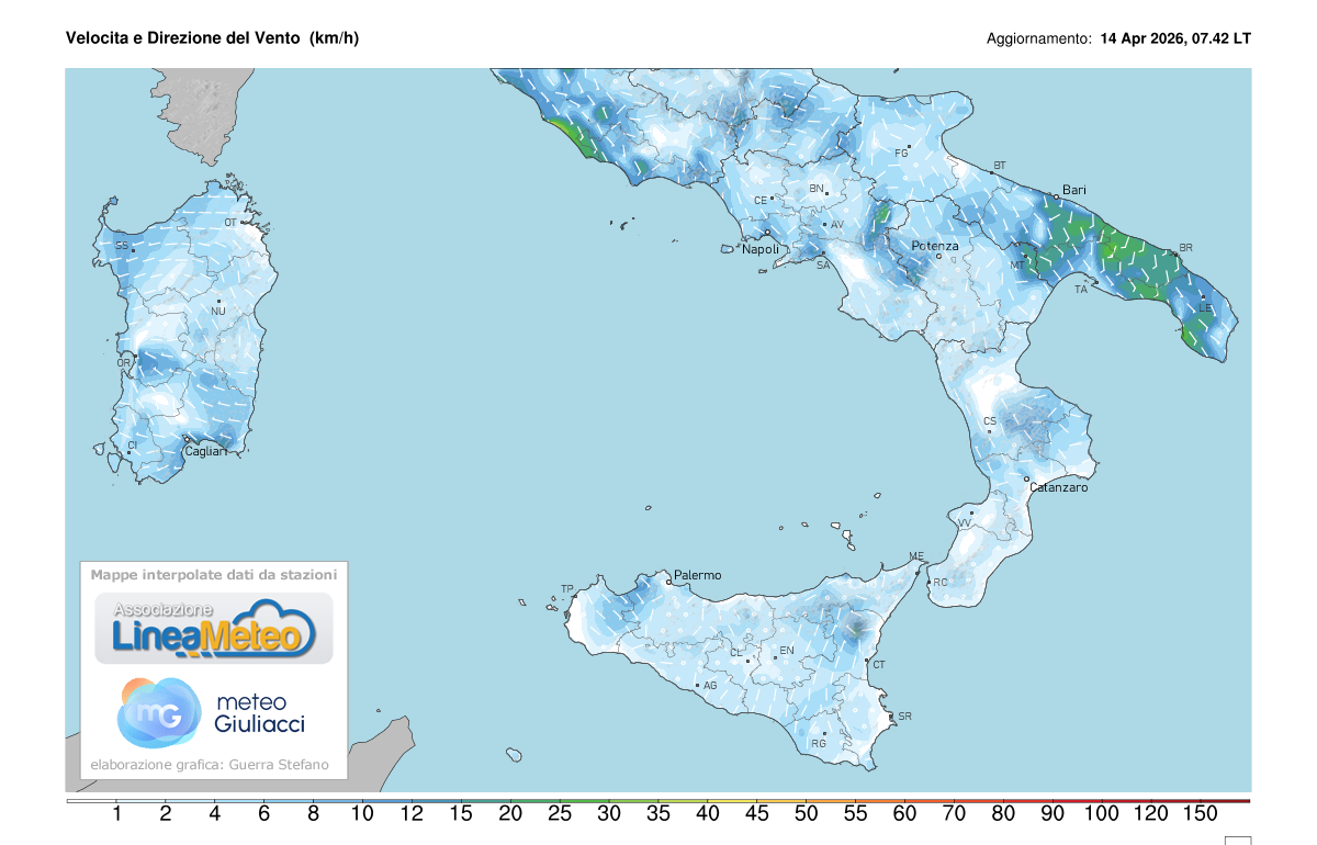 Intensità del vento attuale sulle regioni del sud
