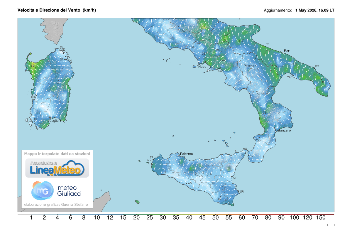 Intensità del vento attuale sulle regioni del sud