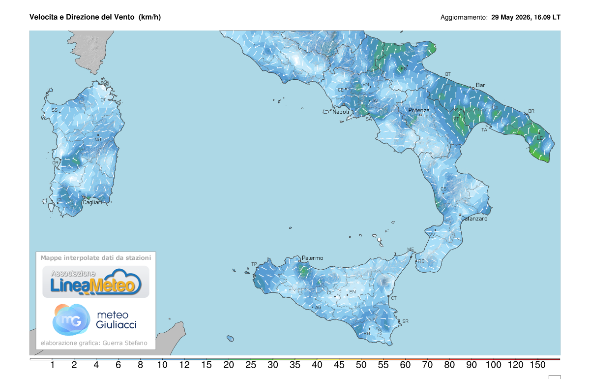 Intensità del vento attuale sulle regioni del sud