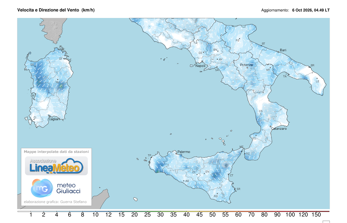 Intensità del vento attuale sulle regioni del sud
